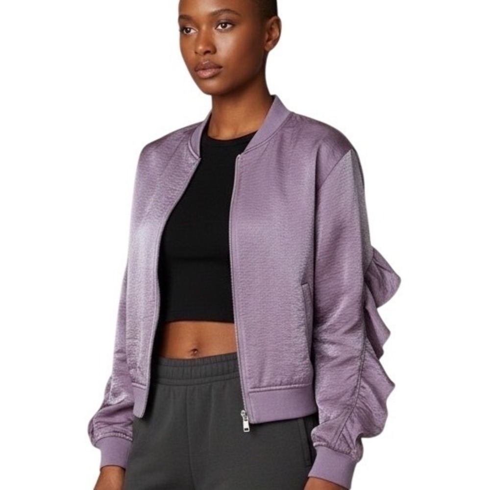 Guess Ruffle Bomber Jacket Metallic Lavender Shimmer Y2K Streetwear Size M